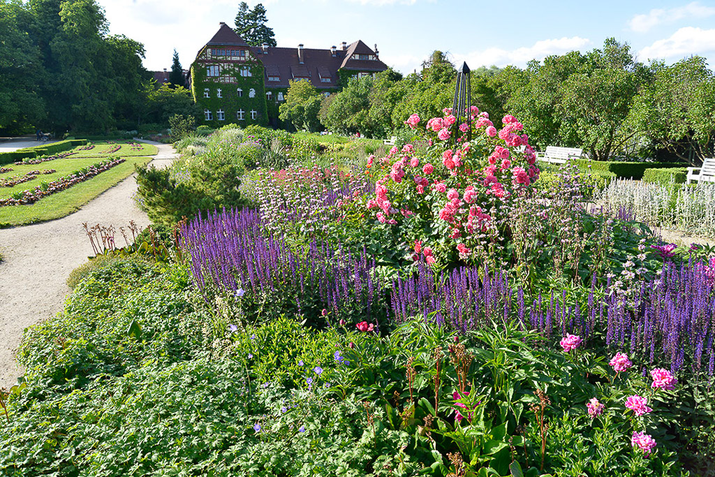 Blumenbeet vor einem Gartenhaus