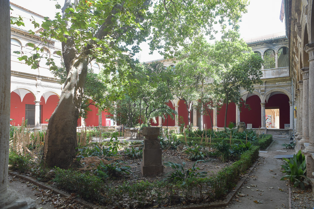 Kreuzganggarten mit Baum und roten Wänden