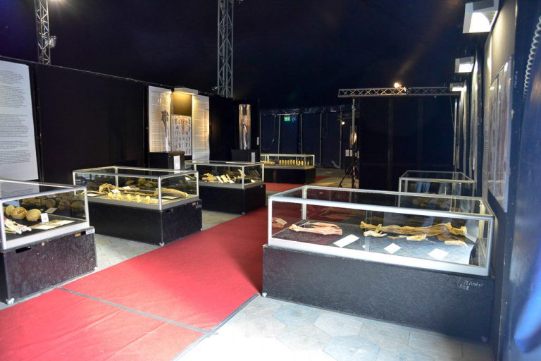 Ausstellungsraum im Zelt mit Vitrinen