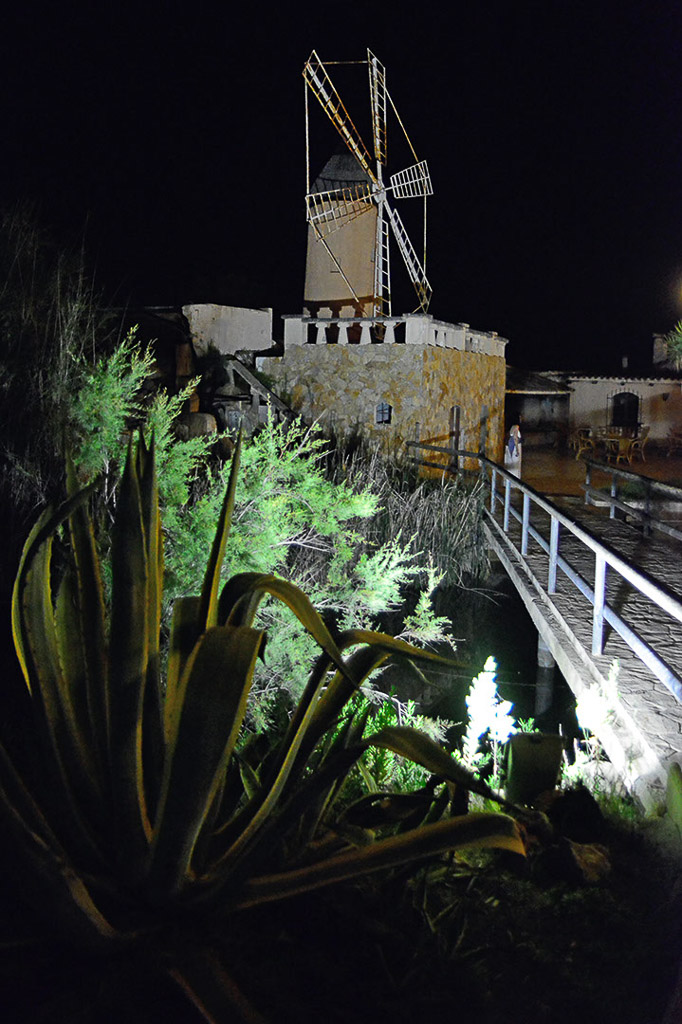Windmühle und Brücke bei Nacht
