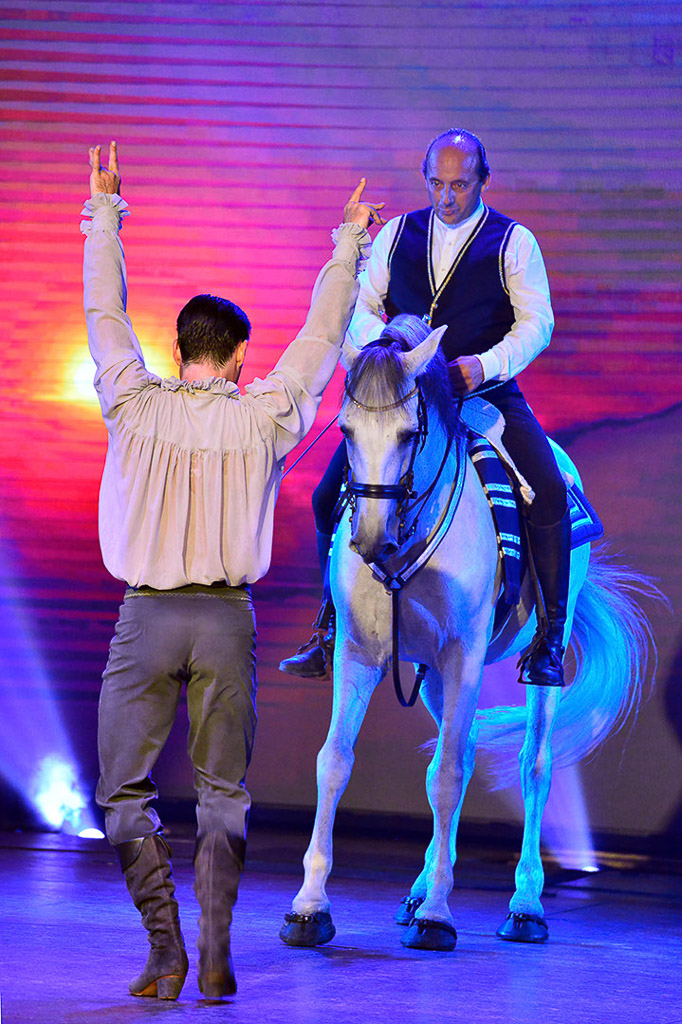 Pferd mit Reiter und einem Mann