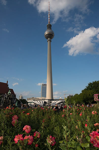 Fernsehturm hinter einem Blumenbeet im Hochformat
