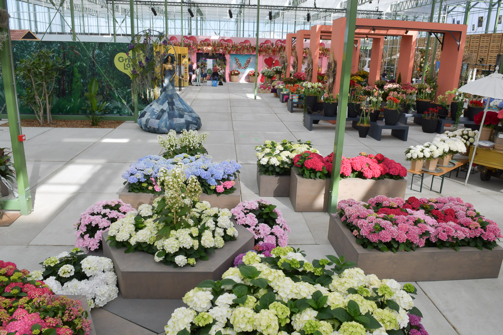 Gewächshaus mit Blumenbeeten auf der Floriade