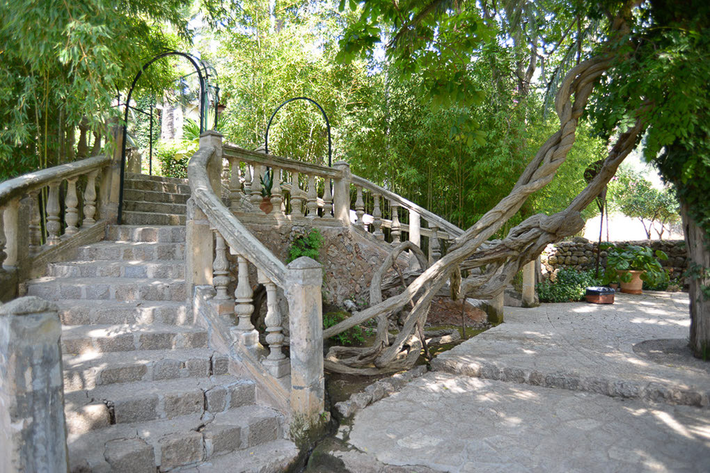 Steintreppe mit Geländer unter Bäumen
