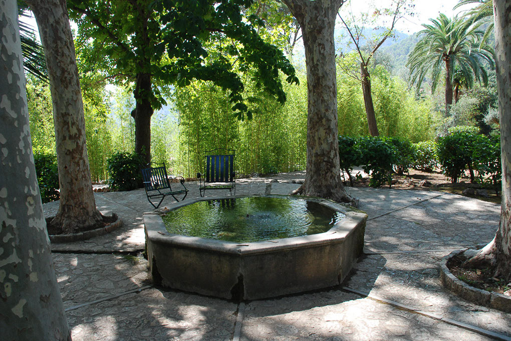 Brunnen im Garten mit Bambus und Bäumen