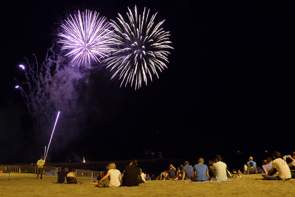 Feuerwerk am Nachthimmel mit Zuschauern auf der Wiese