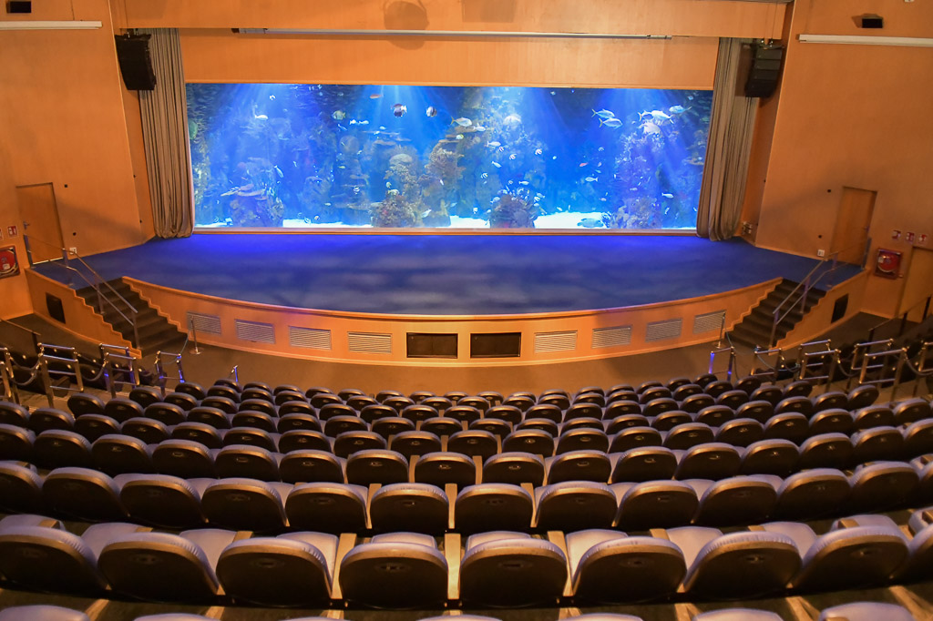 Auditorium mit einem Aquarium als Bühne
