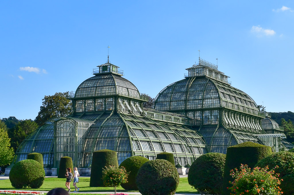 Palmenhaus mit Hecken im Park