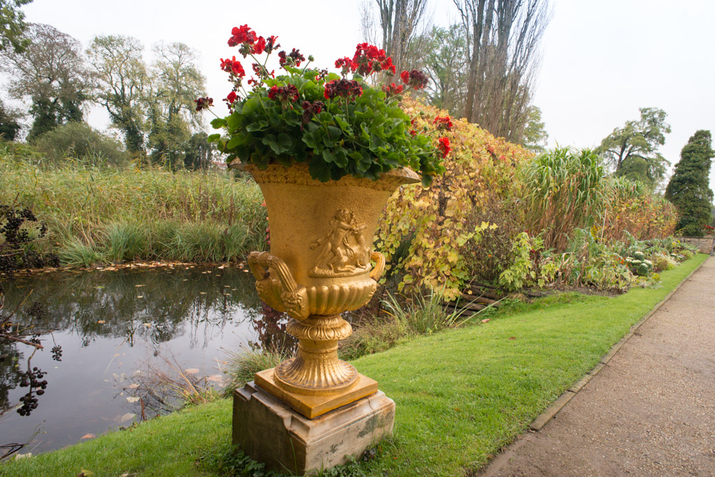 Vase mit Blumen am Teich