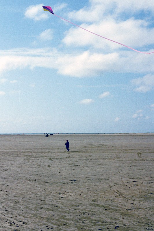 Bunter Drachen am Himmel über dem Strand im Hochformat
