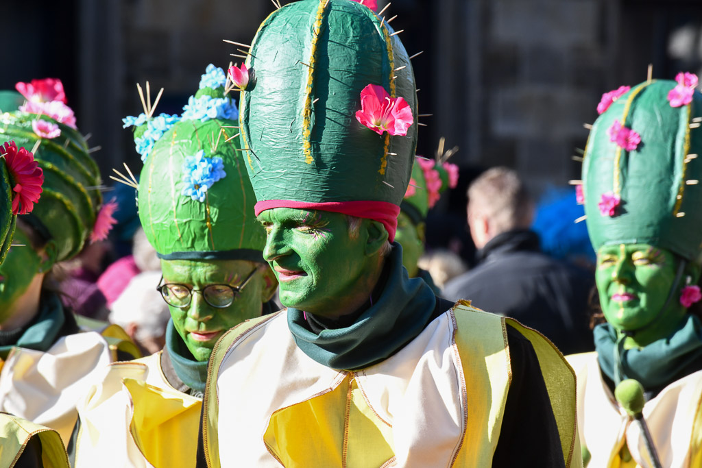 Gruppen und Porträts in grünen und bunten Kostümen