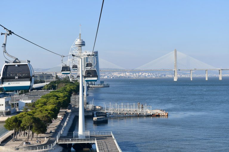 Gondeln über dem Fluss mit Brücke