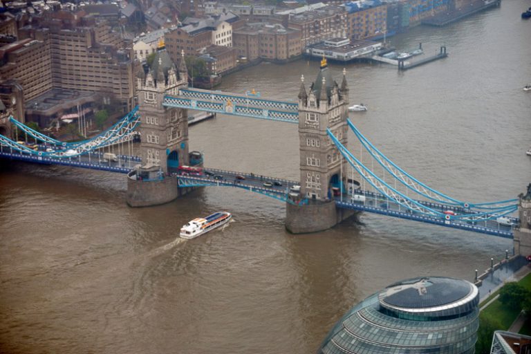 Tower Bridge über der Themse von oben