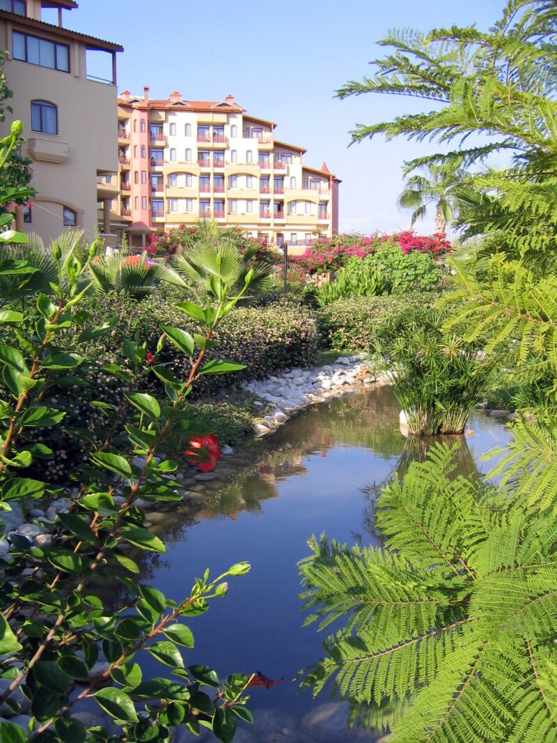 Teich in der Gartenanlage mit Blick auf die Zimmerhäuser im Hochformat