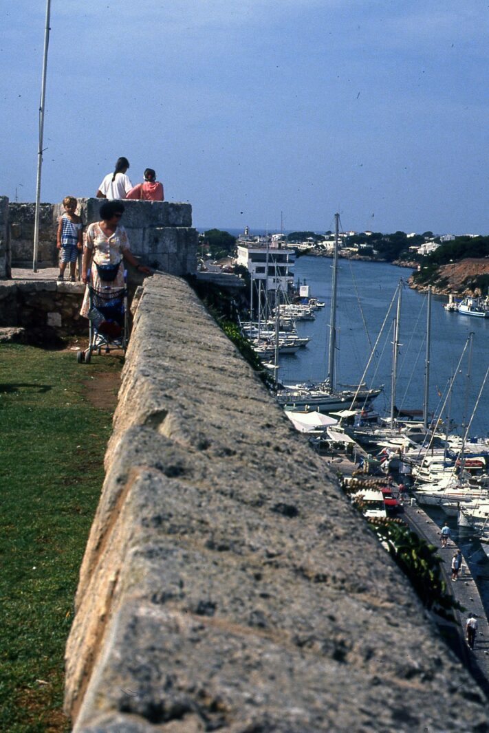 Blick von einer Mauer auf einen Yachthafen im Hochformat