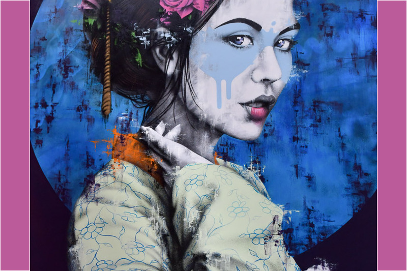 Street-Art-Porträt einer Frau mit Blüten im Haar