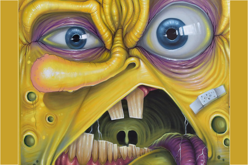 Gelbes Monstergesicht mit hervorquellenden Augen als Wandbild