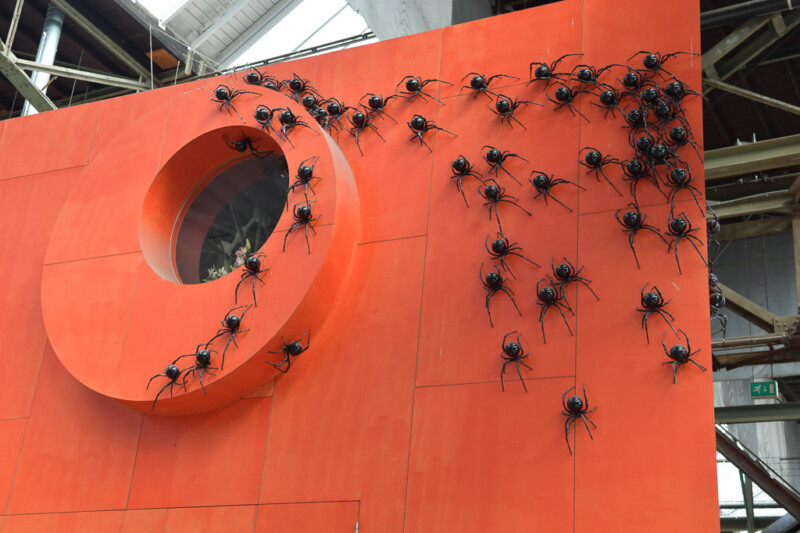 Orangefarbene Wand mit schwarzen Spinnen als Installation
