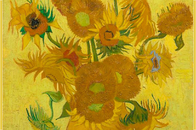 Gemälde Sonnenblumen von Vincent van Gogh mit einer Vase voller gelber Blüten auf gelbem Grund