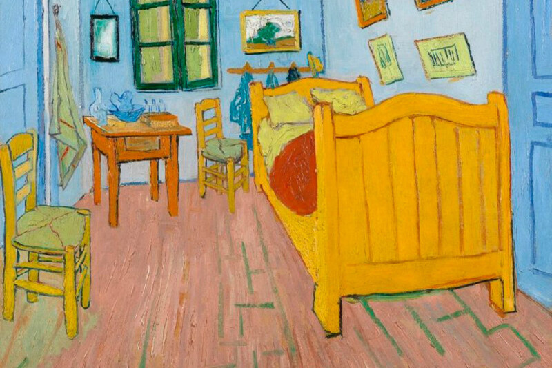 Gemälde Das Schlafzimmer von Vincent van Gogh mit gelbem Bett, zwei Stühlen und grünen Fensterläden