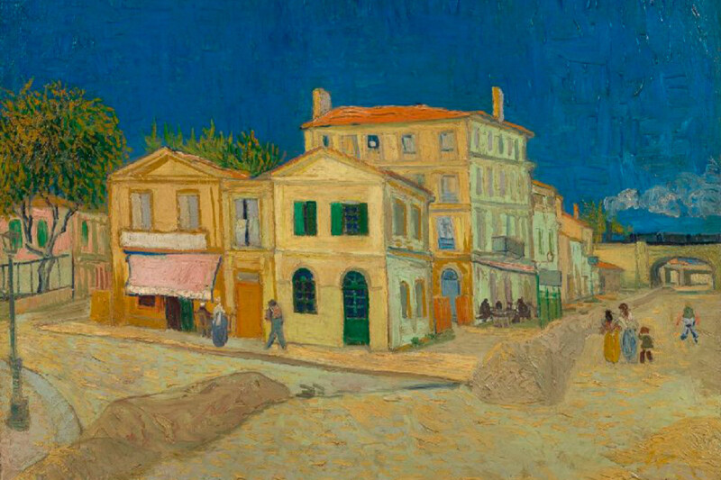 Gemälde Das gelbe Haus von Vincent van Gogh mit einer Häuserzeile unter tiefblauem Himmel