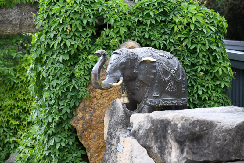 Elefantenskulptur an einer Mauer